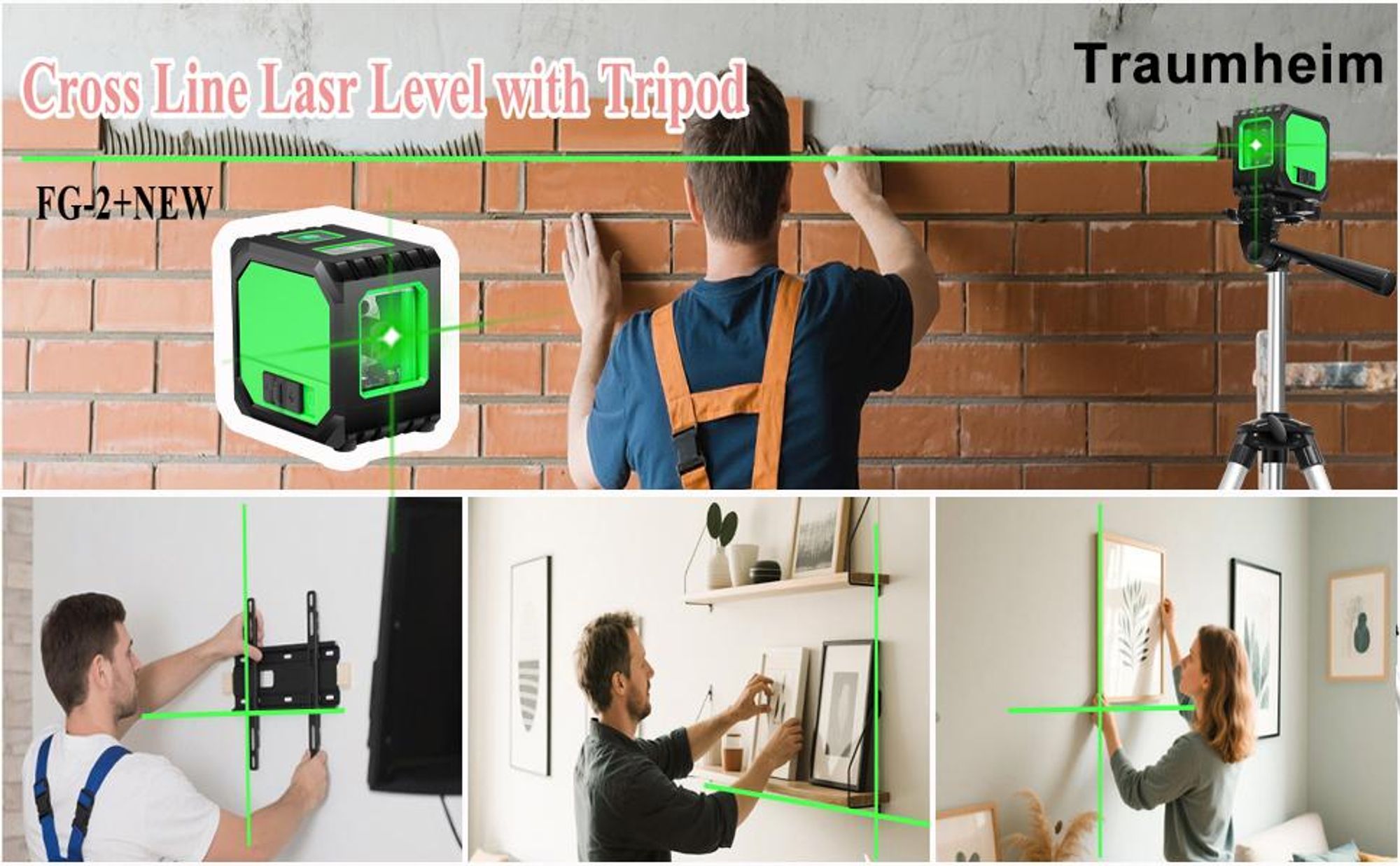 Kreuzlinienlaser mit Stativ, 2-Linien Laser Level Grüne Laser Kreuzlinie, Selbstnivellierung, IP54 Wasserdicht, mit 2 Batterien Laser-Wasserwaage