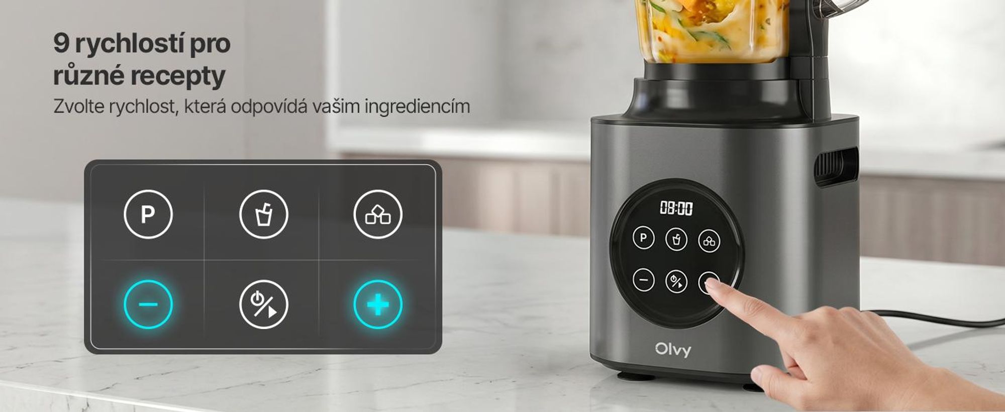 Mixér Olvy, 1000 W, s 1,5litrovou skleněnou nádobou a 600ml kelímkem z materiálu Tritan, 9 rychlostí, pulzní funkce, drcení ledu, funkce pro přípravu smoothie a mléčných koktejlů