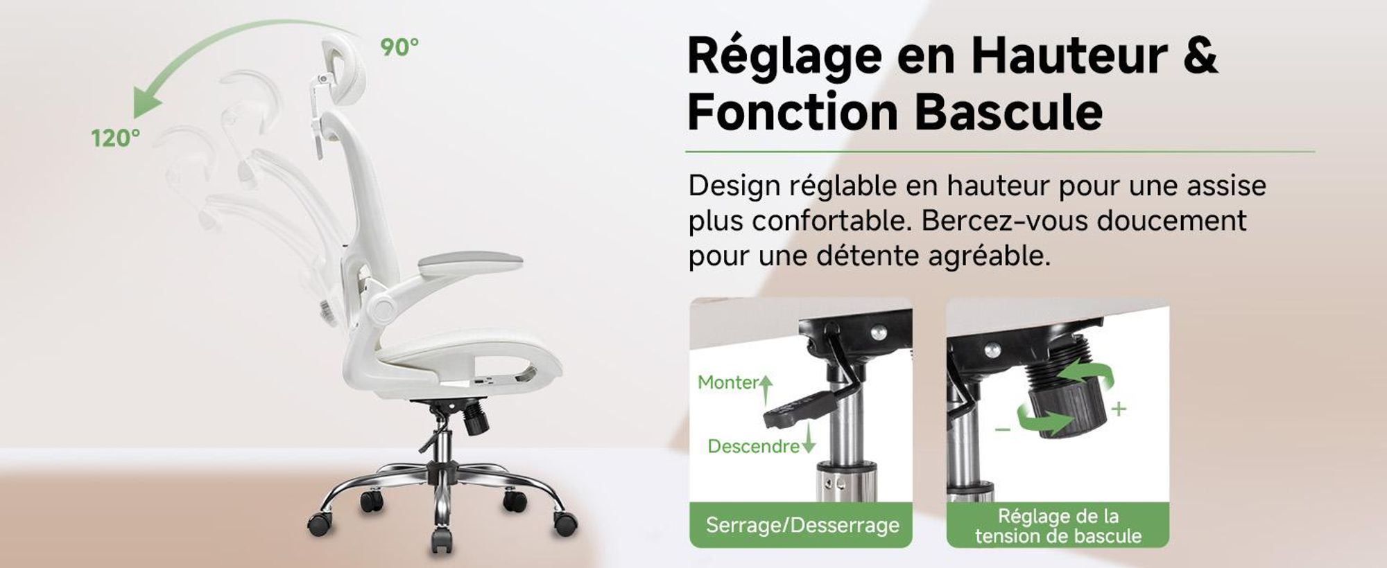 COMHOMA Chaise de bureau ergonomique, chaise de bureau avec appui-tête réglable, accoudoirs, soutien lombaire, fonction bascule, fauteuil de direction en maille, 150kg