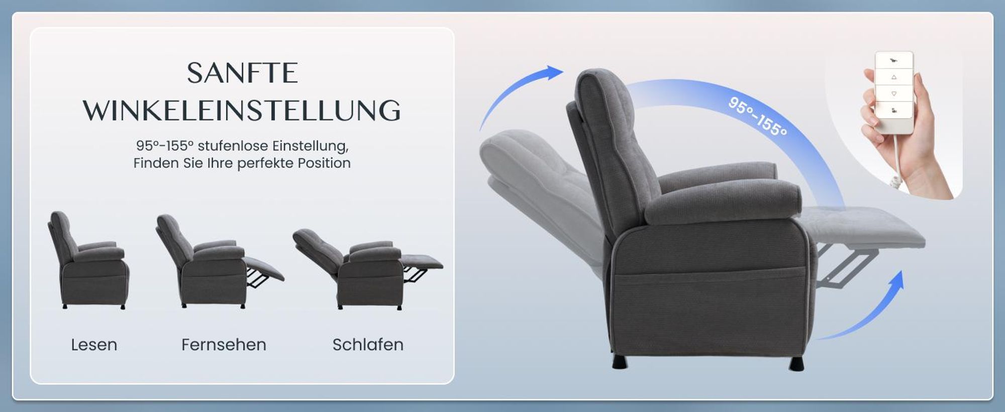 FLEXISPOT Elektrischer Relaxsessel mit Liegefunktion 105°–155° & Decke, Fernsehsessel mit Ein-Tasten-Verstellung, dick gepolstert, 150 kg, Dunkelgrau