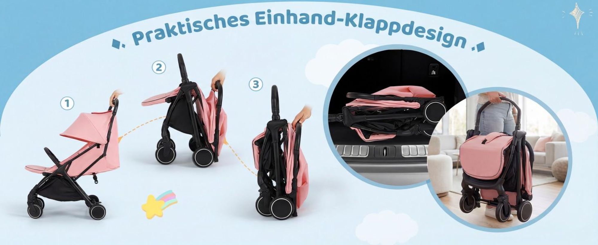 COSTWAY Kinderwagen, Reisebuggy mit Liegefunktion, Kinderbuggy mit Rückenlehne, Verdeck & Fußstütze, Babywagen mit Sicherheitsgurt bis 15 kg, Rosa