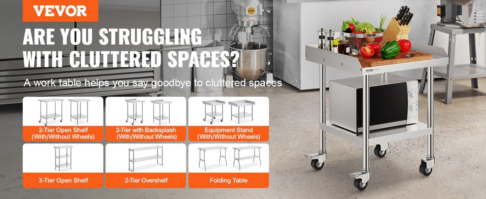 VEVOR Edelstahl Vorbereitungs Tisch, 24 x 24 x 34 Zoll, Schwerlast Metall Arbeitstisch mit 3 verstellbaren Höhenstufen, Gewerbliche Arbeitsstation für Küche Garage Restaurant Garten, 610x610x762 mm
