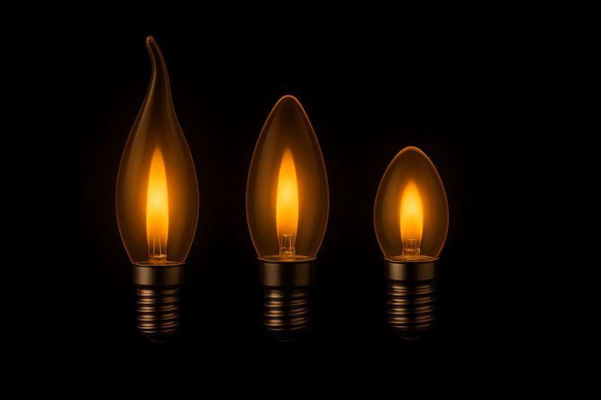 Das Bild zeigt drei Leuchtmittel in Kerzenform, die in sanften Warmweiß leuchten