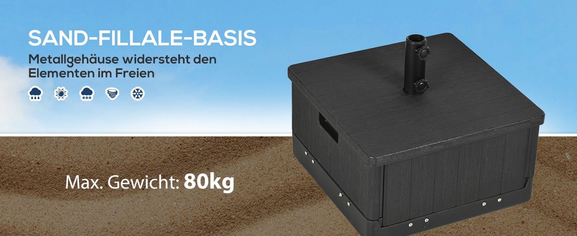 Outsunny Sonnenschirmständer bis 80 kg Sand befüllbar 3-in-1 Sonnenschirmfuß, Beistelltisch mit Griff, Rollen, Hochbeet, für Ø38/48 mm Schirmstangen Ständer für Garten, Balkon, Schwarz