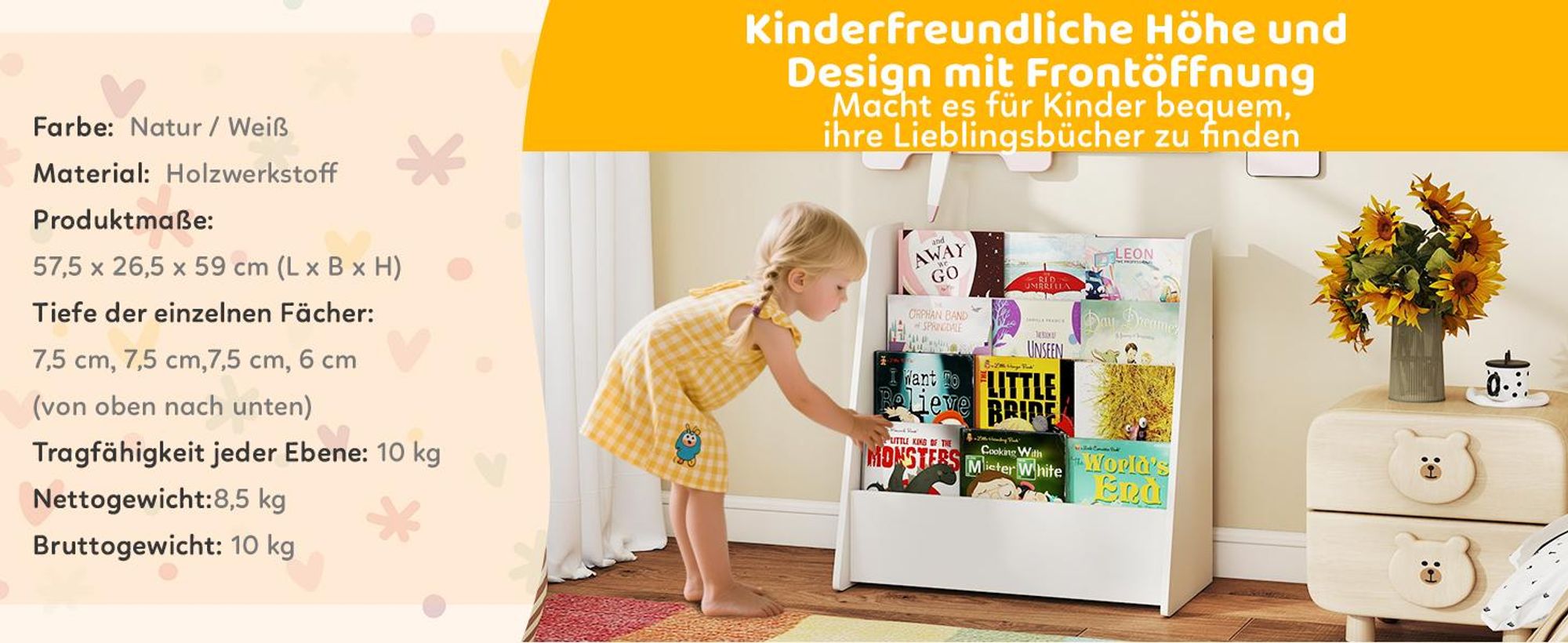 COSTWAY Kinderregal mit 4 Ablagefächern, Bücherregal Kinder, Büchergestell, Zeitungsständer Aufbewahrungsregal, Spielzeugregal für kinderzimmer Weiß