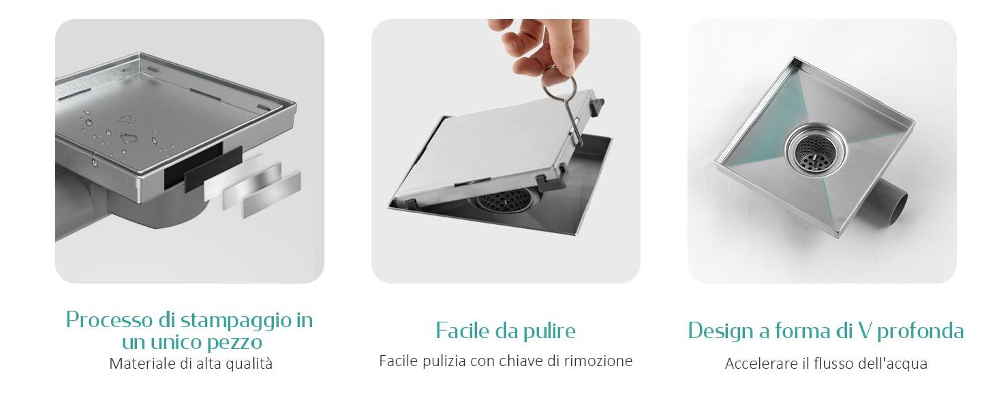 Set di scarico a pavimento EMKE in acciaio inox angolare 152 x 152 mm con sifone antiodore e filtro per capelli, set di fori per lo scarico della doccia