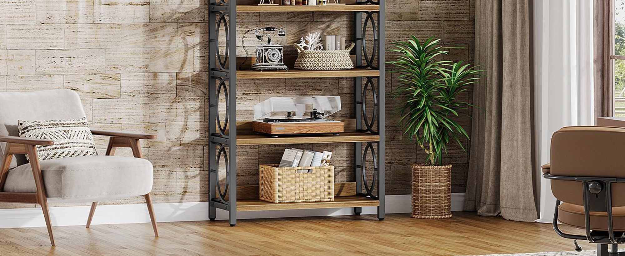 Libreria a 6 livelli Tribesigns, altezza 180 cm, stile industriale con struttura in metallo e ripiani aperti per l'ufficio di casa, marrone rustico