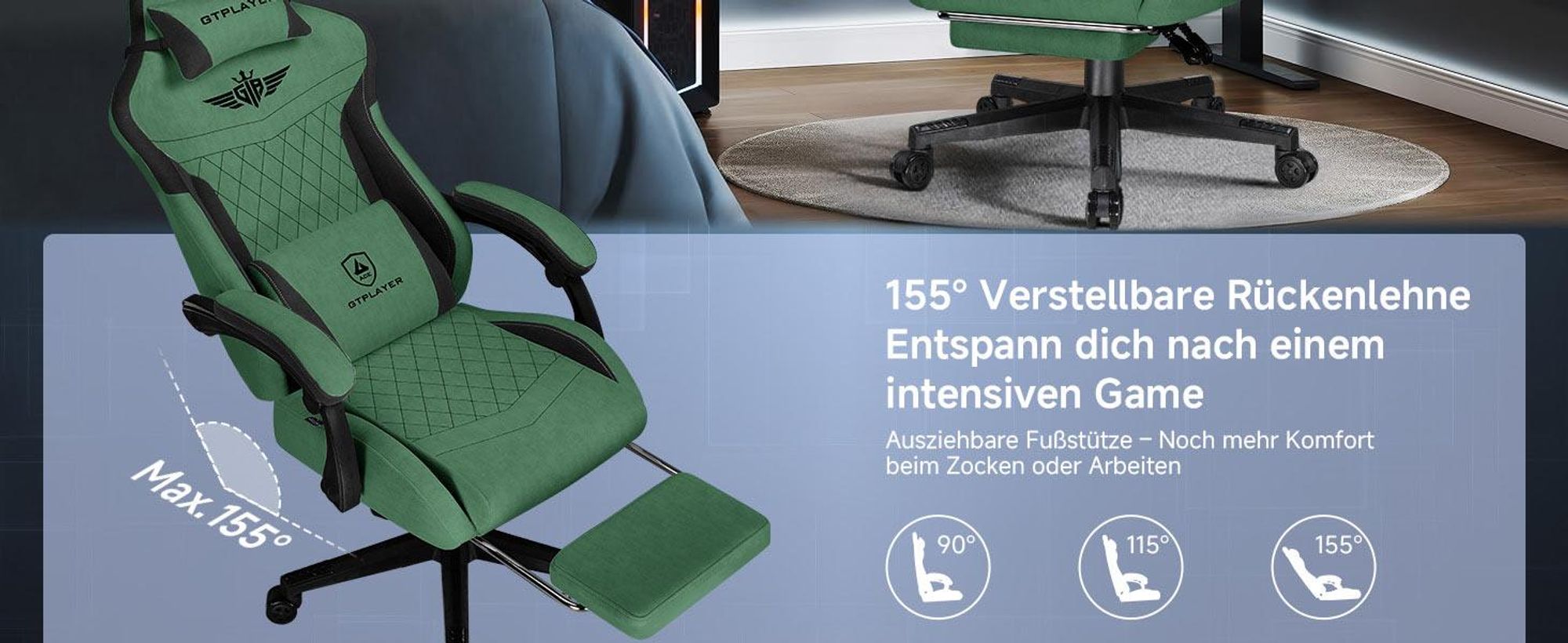 GTPLAYER Gaming Stuhl, Ergonomischer Gamer Stuhl aus Stoff mit Lendenwirbelstütze, PC-Stuhl mit verbreiterter Rückenlehne, Belastbar bis 150 kg, Grün