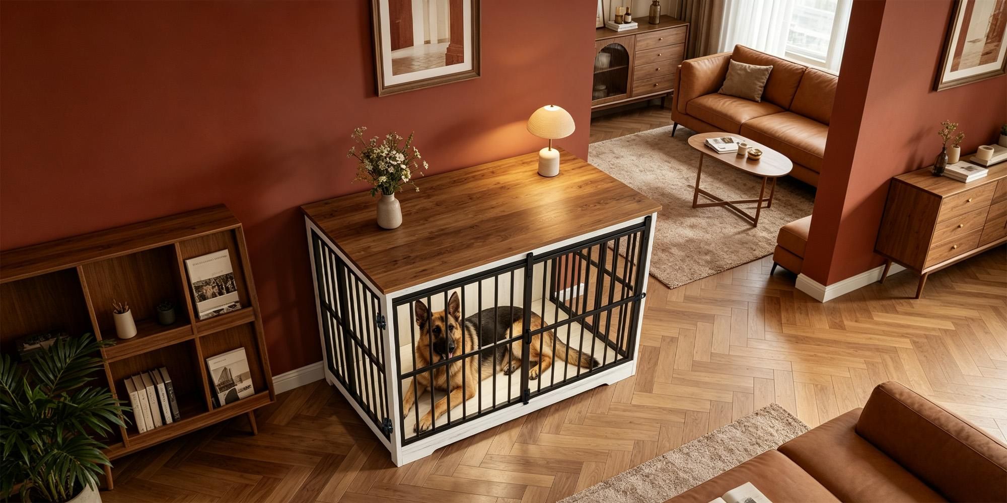 Hundekäfig Möbel, 119 cm Hundebox Möbel, 2 Türen, Weiß Braun | XXL Moderne Hundekäfig Indoor für Mittlere/Große Hunde, Beistelltisch