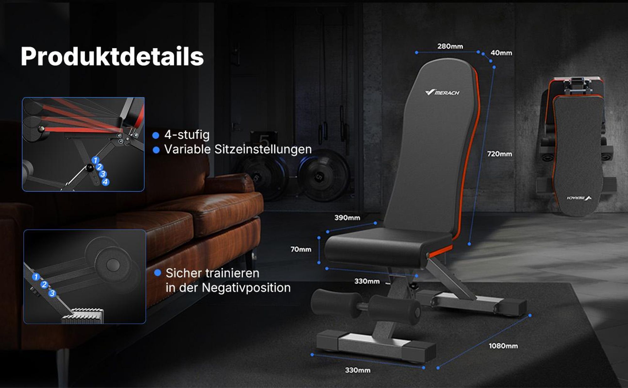 Hantelbank klappbar, 450 kg belastbar, 6-fach verstellbare Rückenlehne, verstellbare Flach- und Schrägbank fürs Home Gym Merach, rutschfest