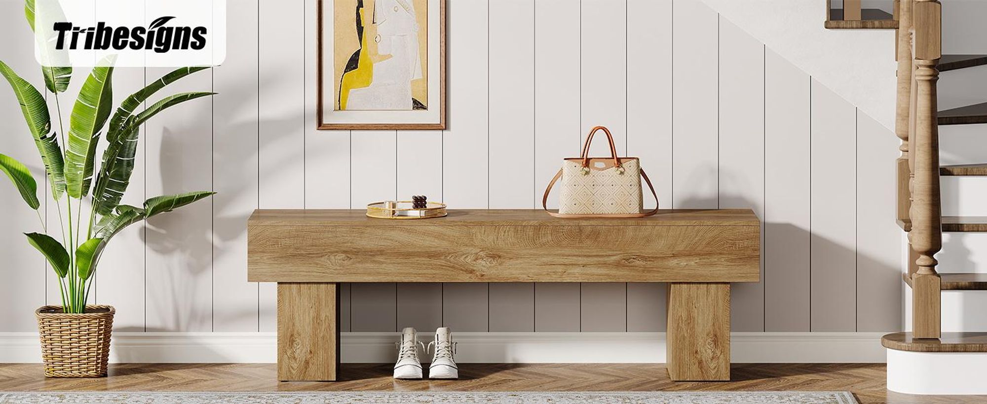 Tribesigns 160 cm Lange Flurbank, rustikale Bauernhaus-Bettbank, Schuhbank aus Holz für Flur, Wohnzimmer, Bettende, Hellbraun