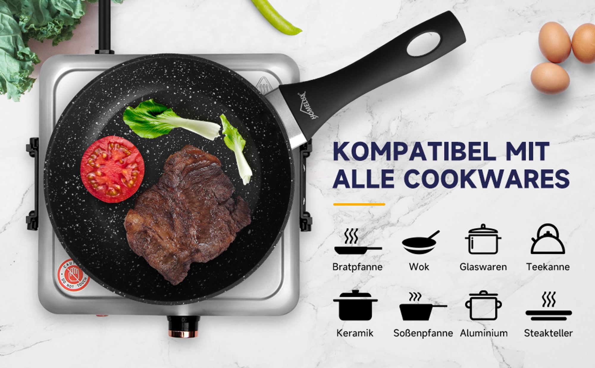 Homelux Kochplatte 1000W Herdplatte mit Klappbaren Griffen, Einzeln Regelbare 5 Heizstufen, Kochfeld für Küche, Büro oder Camping, Silber
