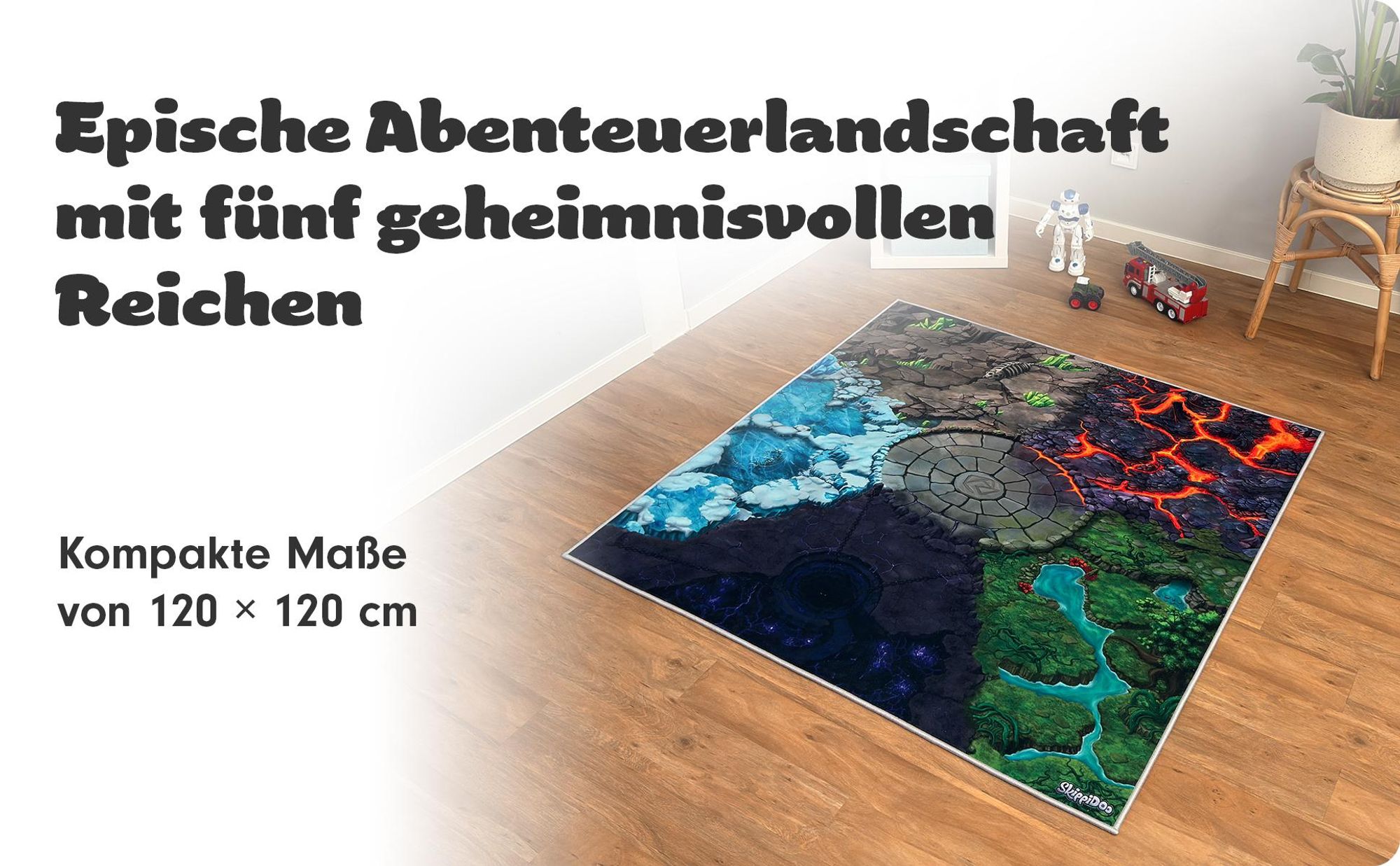 SkippiDoo Spielteppich Fantasy 120x120cm – 5 Welten mit Battle Arena – Lava, Eis, Dschungel, Stein und Schatte – rutschfest für z.B. Eldrador® passend