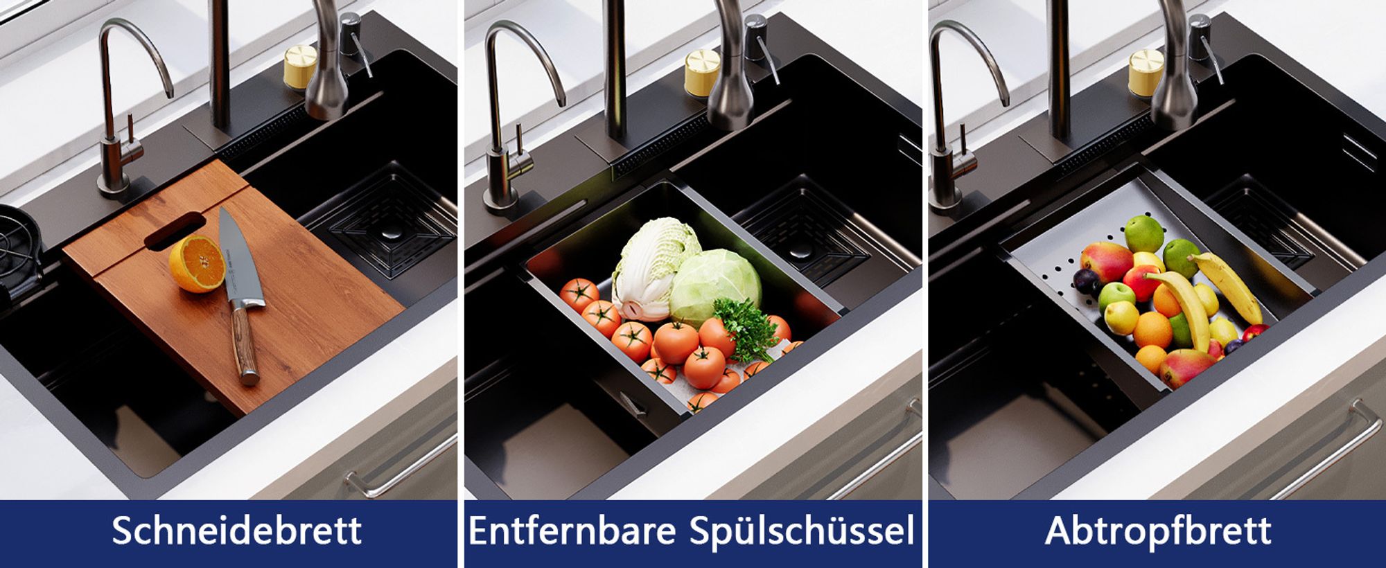 DeerValley Schwarzgrau Edelstahl Küchenspüle mit Ausziehbarem Wasserhahn und Raindance Wasserfall-Spülbecken, Großes Spülbecken (74.9 cm L x 45.7 cm B