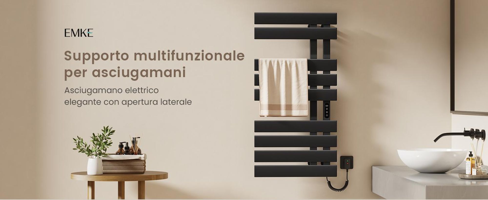 EMKE Scaldasalviette elettrico 1000X500mm 320W nero attacco a destra, intelligente WiFi App, touch LCD, Timer 1-9H, IPX5