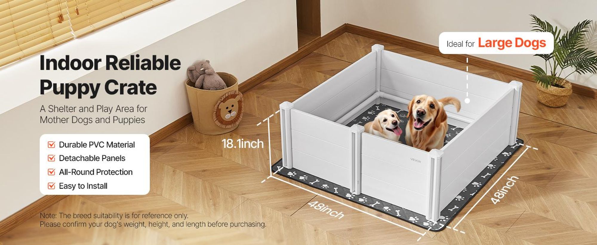 VEVOR Wurfbox für Hunde, 48 x 48 x 18,1 Zoll, Kunststoff PVC Welpen-Spielbereich mit höhenverstellbarer Tür und waschbarem Urinpad, anti-deformierbarer Indoor-Welpen-Spielbereich für große Hunderassen, Milchweiß, 122x122x46 cm