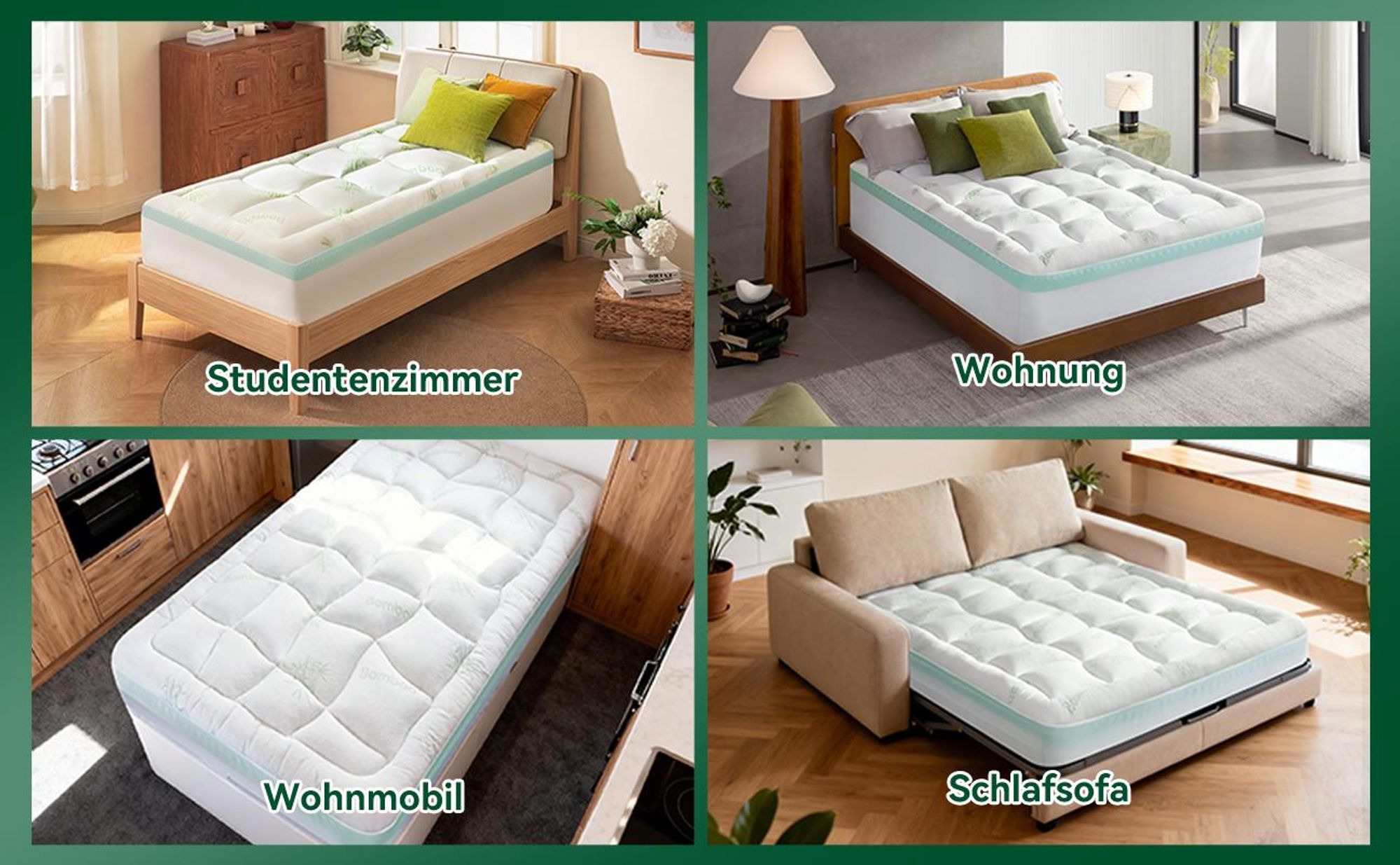NicePlus 2-in-1 Topper, 90x200X7cm, 5-Zonen Memory Foam + Bambus-Pillow-Top, mit Eckgummis für alle Matratzen, H2/H3, Grün