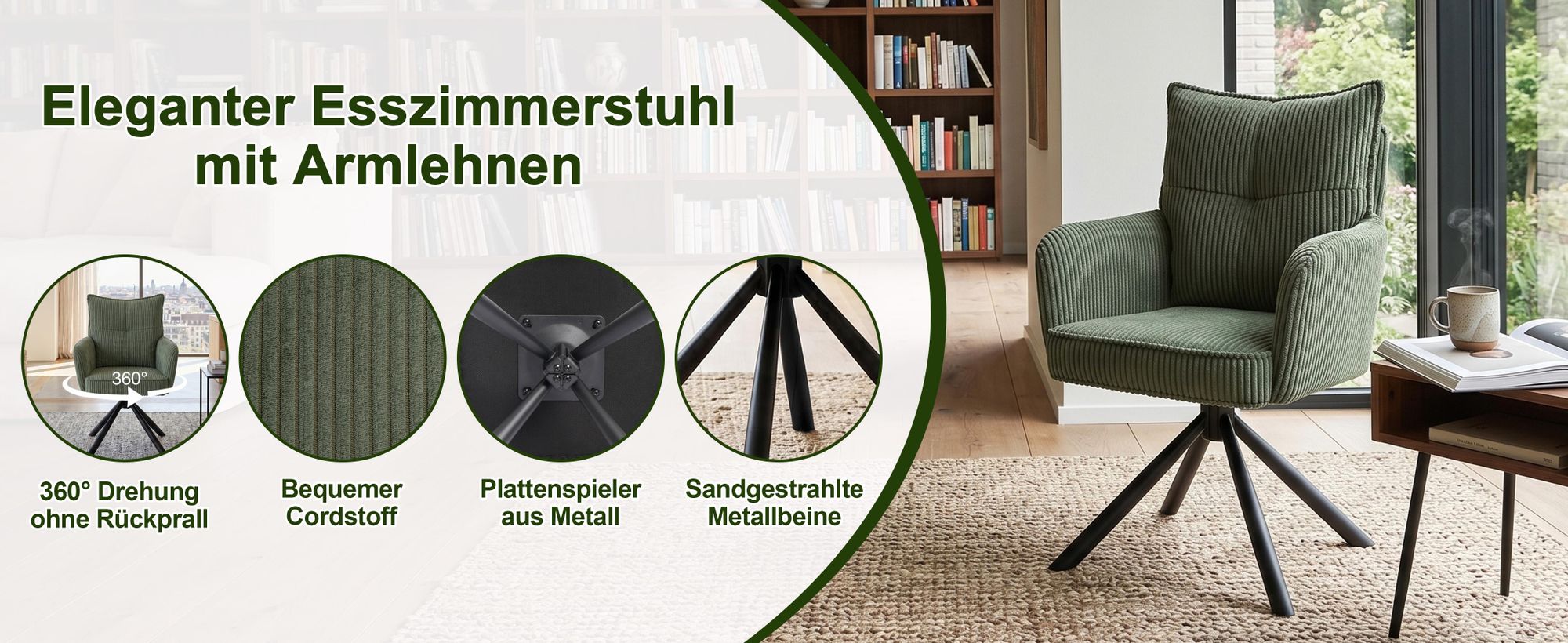 Duhome Esszimmerstuhl Armlehnstuhl Drehbar aus Kordsamt, 360° Drehstuhl Schminktisch Stuhl Computerstuhl für Esszimmer Wohnzimmer Küche Grün