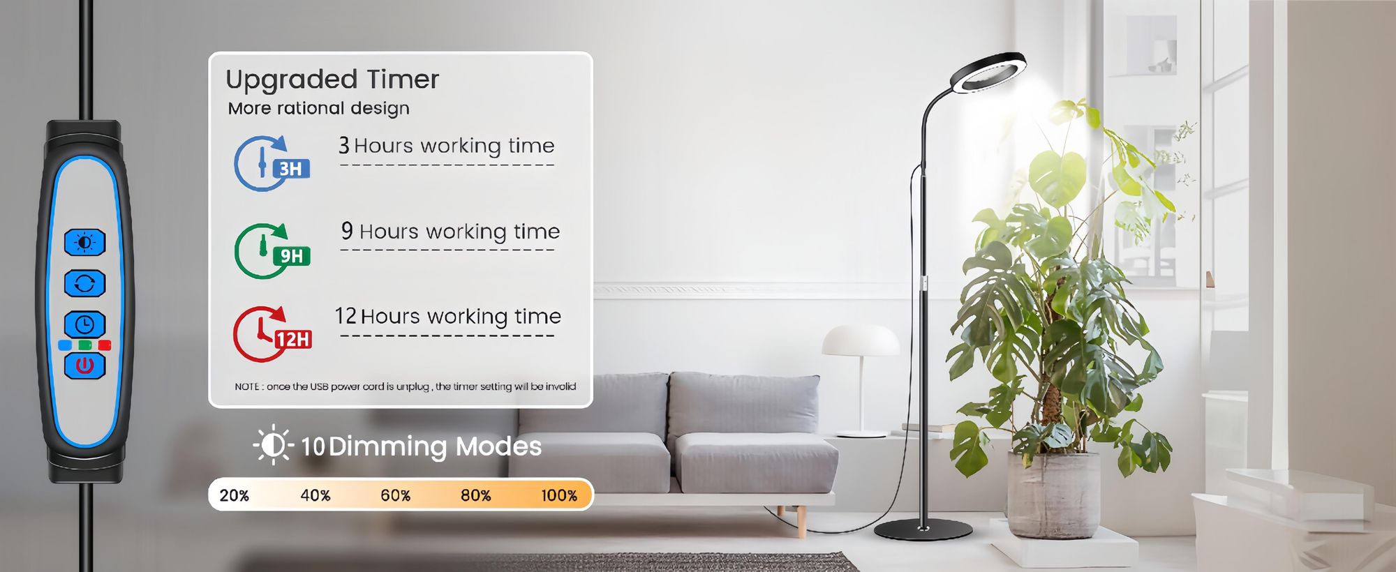 LED Pflanzenlampe Vollspektrum,72 LEDs,58-170cm Verstellbarem Stab,3 Beleuchtungsmodi,10 Helligkeitsstufen,Timer 3/9/12H,360°Winkelverstellung,Dimmbar