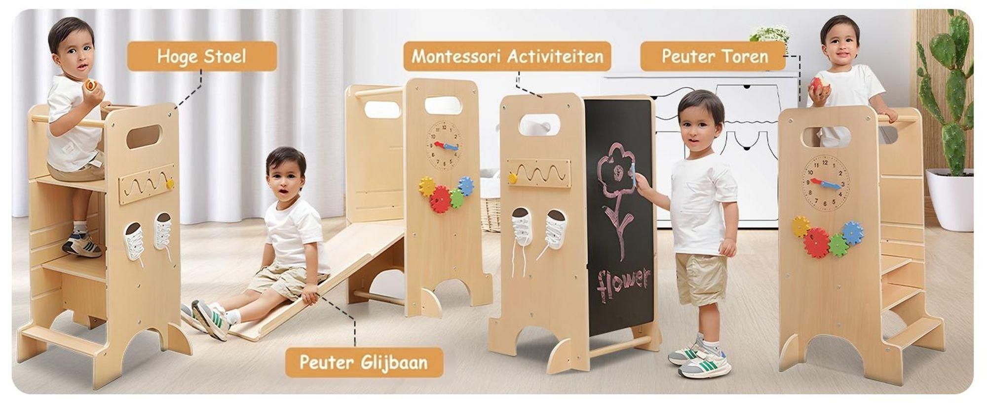 Olvy Leerstoel vanaf 1 jaar – 4-in-1 Montessori leertoren voor kinderen, met verstelbare hoogte, voorzien van een glijbaan, een bord en speelgoed, een multifunctionele kinderkeukenassistent