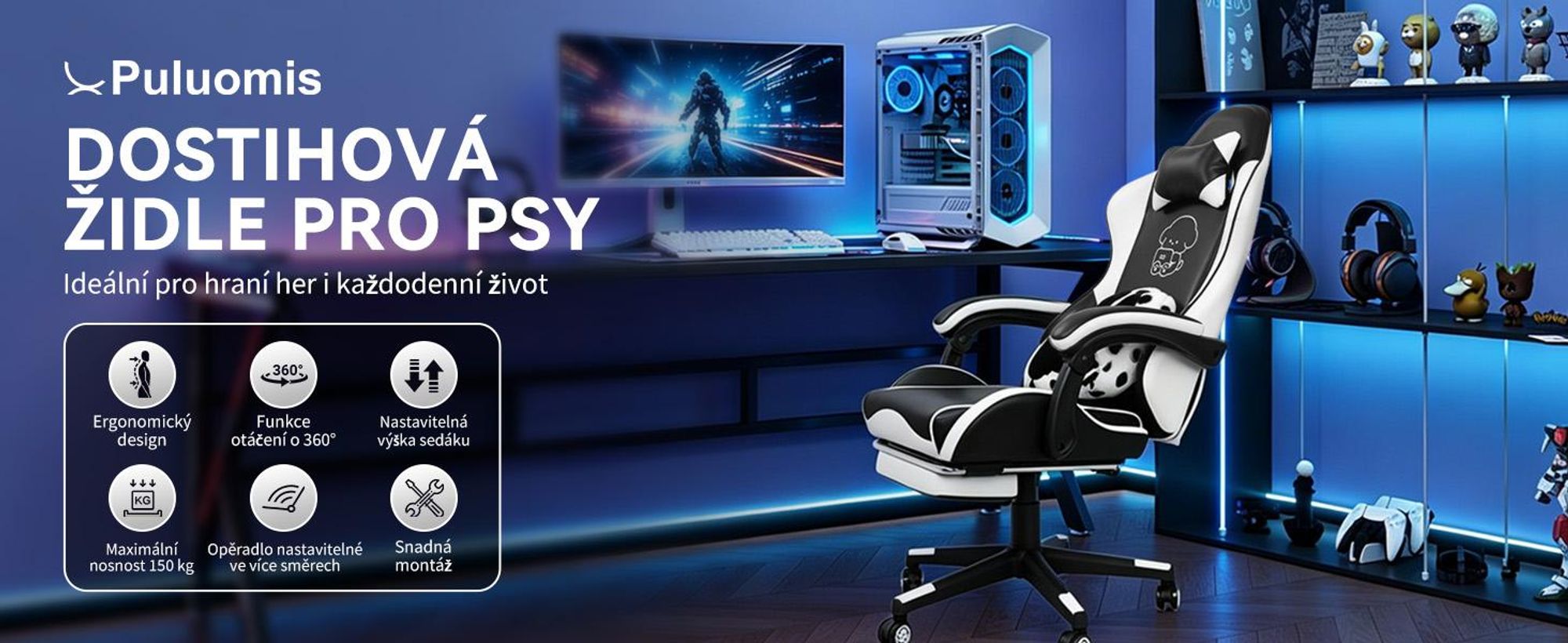 Herní židle Puluomis s podnožkou, kancelářská židle, křeslo pro manažery, židle do kanceláře, závodní židle, ergonomická, otočná, s nastavitelnou výškou, černá a bílá