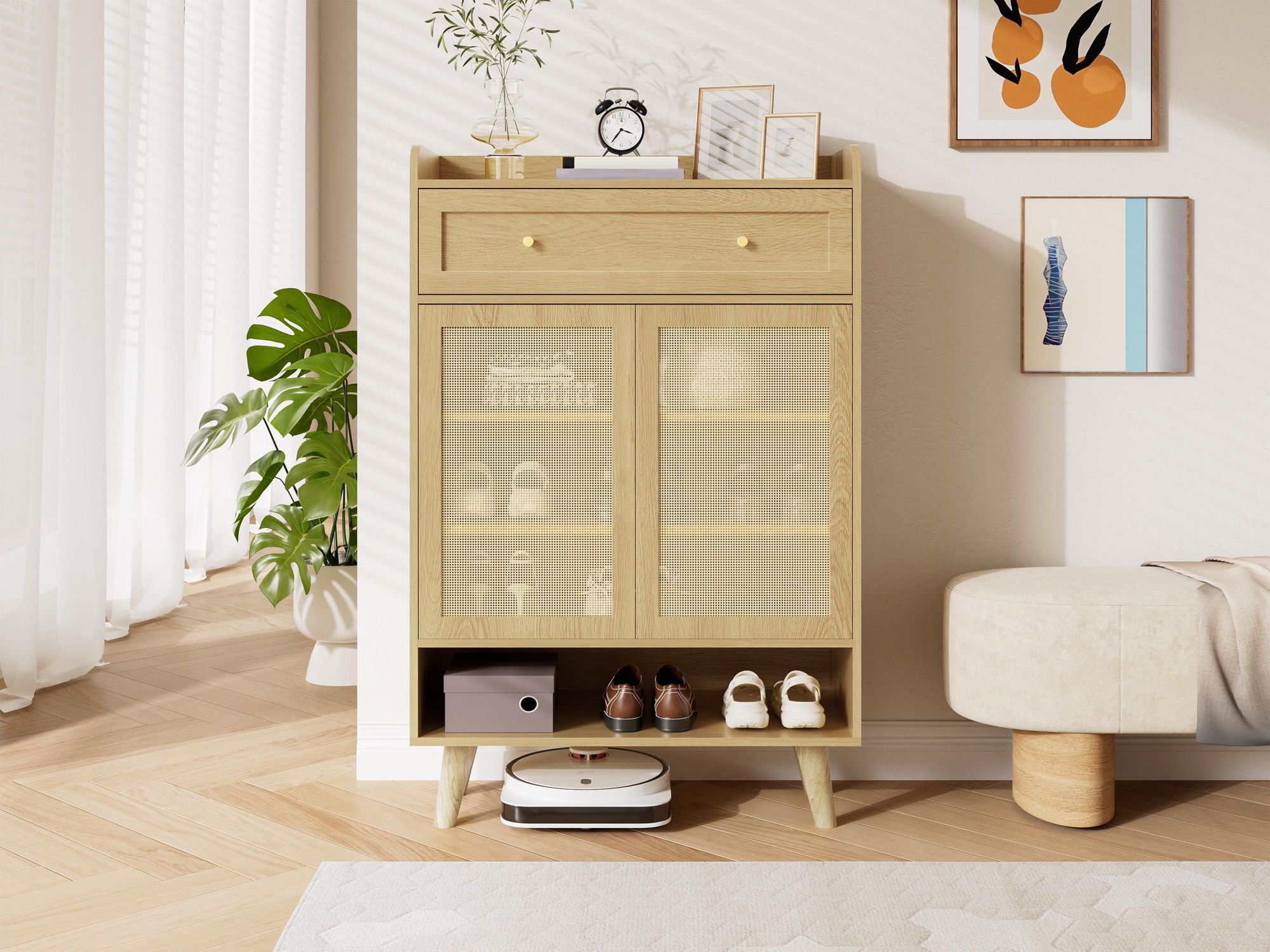 Merax Schuhschrank Mit Rattanfront, Schuhkommode Mit 2 Türen, Schublade Und Offener Ablage, Sideboard Für Flur Wohnzimmer, Schuhregal, Light Oak