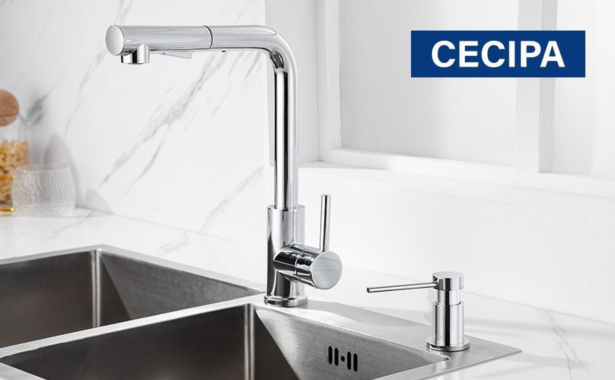 300ml Edelstahl Seifenspender Einbau Spülmittelspender Waschbecken Lotionspender Küche Zubehör Set mit 360° Rotation Pump,Chrom