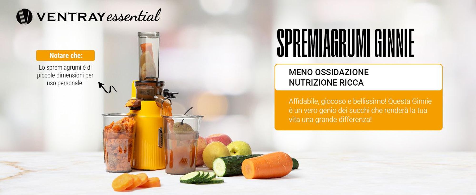 Ventray Essential Ginnie - Spremiagrumi a freddo, spremiagrumi lento compatto e silenzioso (60 giri al minuto, apertura di alimentazione di 45 mm), senza BPA, 400 ml, facile da pulire