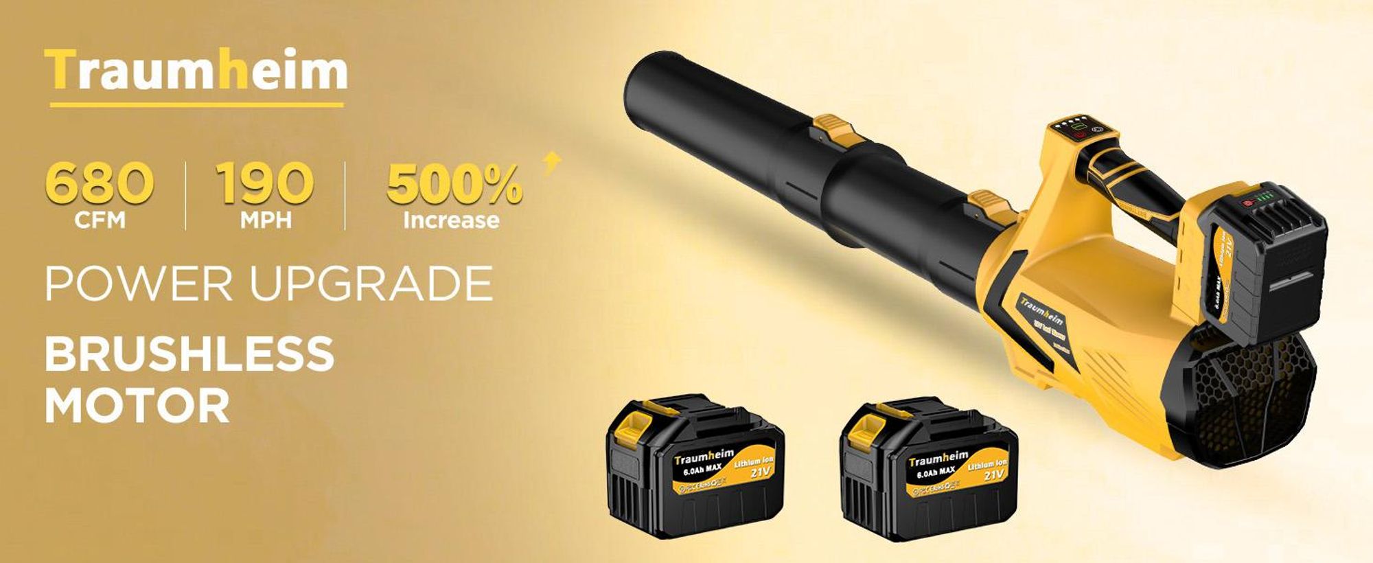 Akku Laubbläser mit 2× 6000mAh Akkus & Ladegerät, 5+1 Turbo-Stufen, Bürstenloser Motor Elektrisches Laubbläser für Garten, Auto & Terrasse