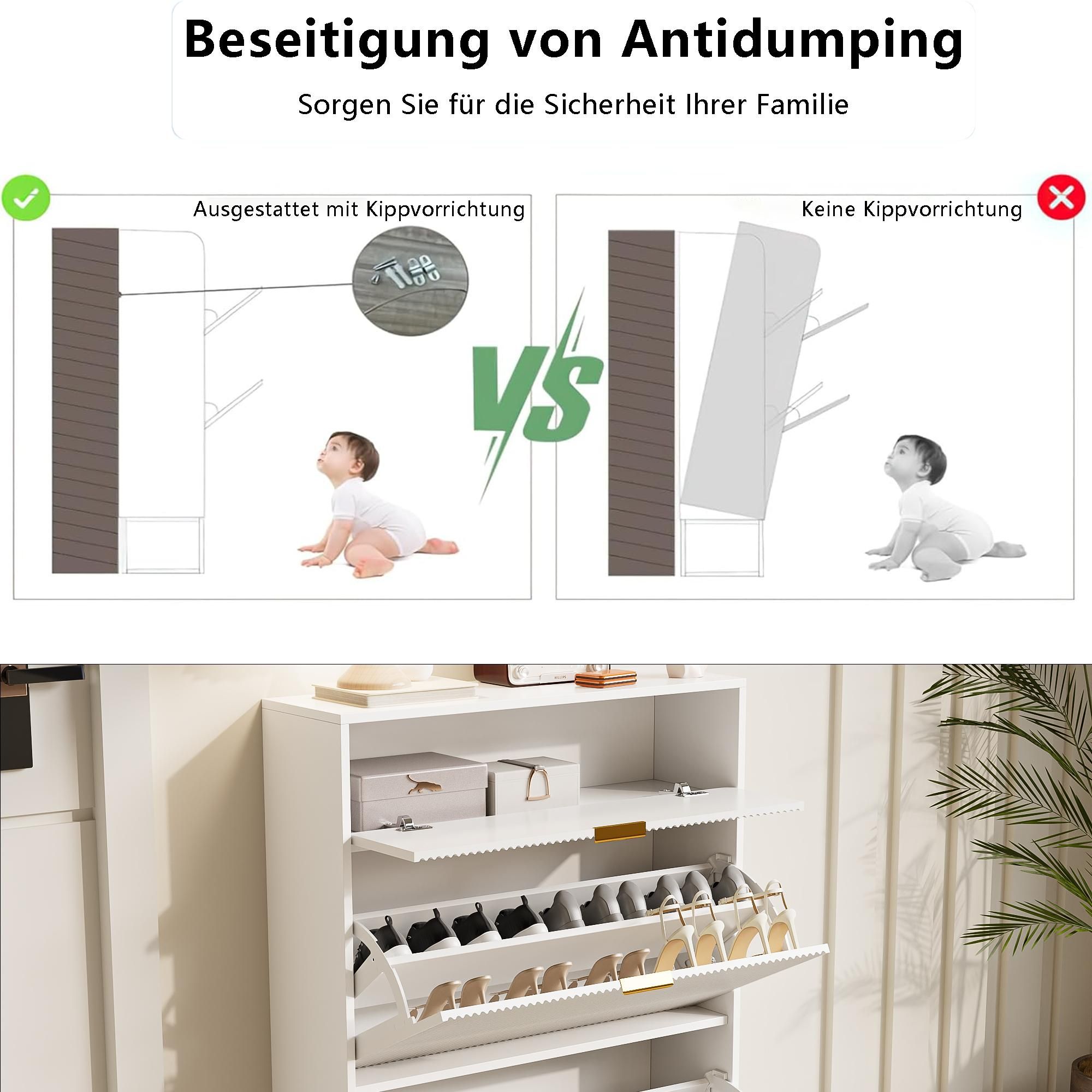 Fortuna Lai Weißer Schuhschrank aus Holz mit Türen, 80×24×119 cm, Schuhregal mit 2 verstellbaren Regalen, Schuhaufbewahrung