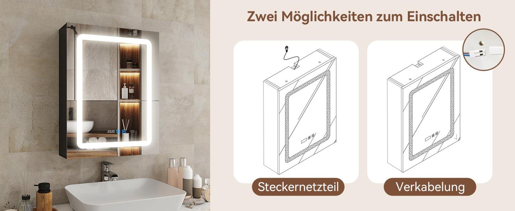 Puluomis Spiegelschrank Bad ausziehbar beschlagfrei mit 3 färbiger dimmbarer Beleuchtung, Badezimmerschrank mit Steckdose, USB-Anschluss schwarz