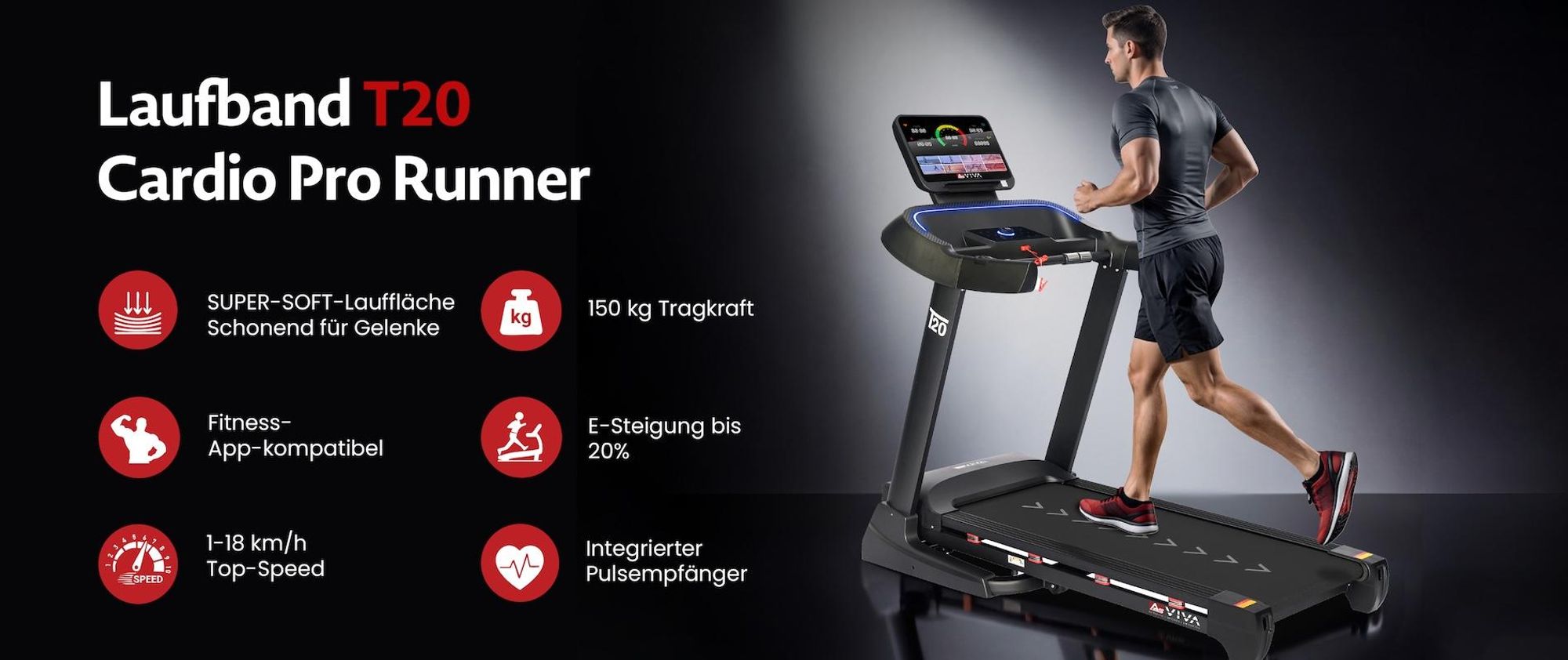 Laufband klappbar AsVIVA T20 Heimtrainer bis 18 km/h leise stabil mit großer Lauffläche App-kompatibel für Zuhause