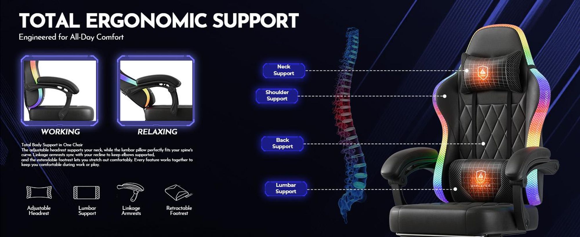 Chaise de jeu GTPLAYER, chaise de bureau, Gaming Chair avec barre lumineuse LED, chaise de gamer, dossier avec sac de rangement Chaise ergonomique pour PC