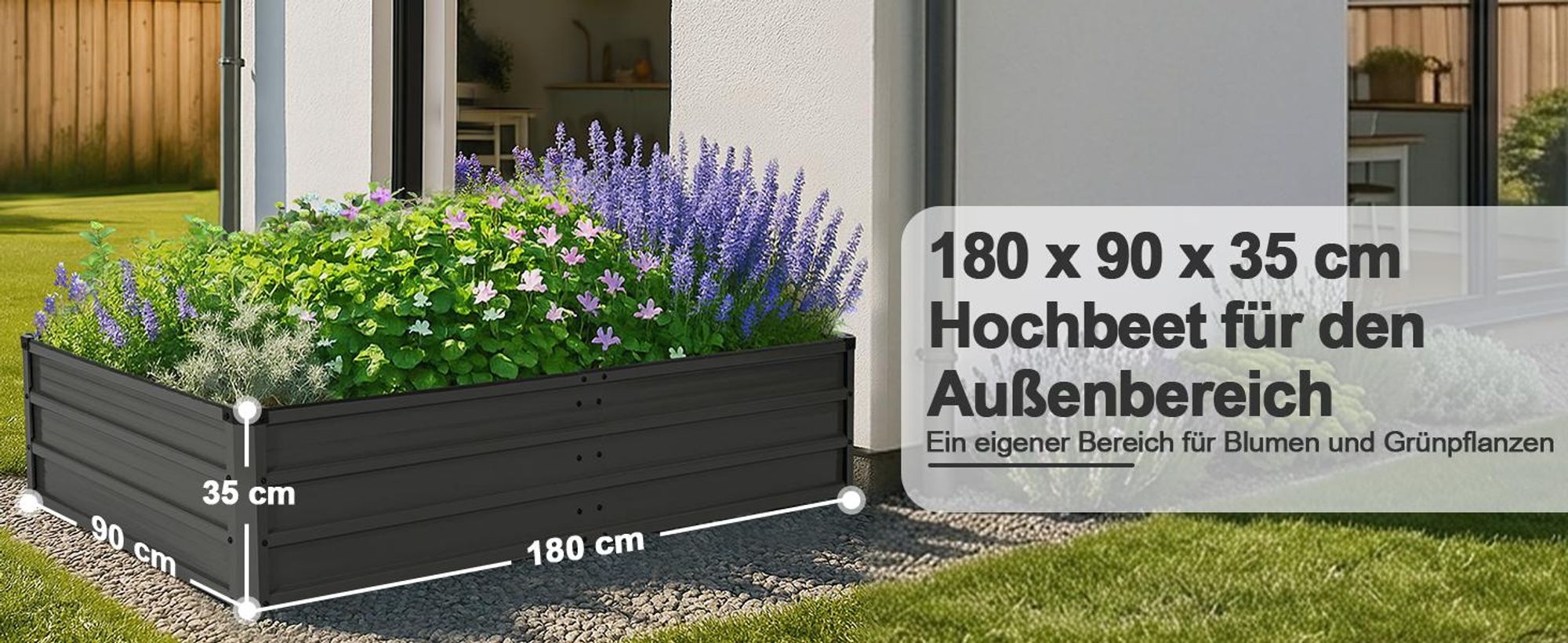 180x90x30 cm Rechteckiges Verzinktes Hochbeet, Dunkelgrau