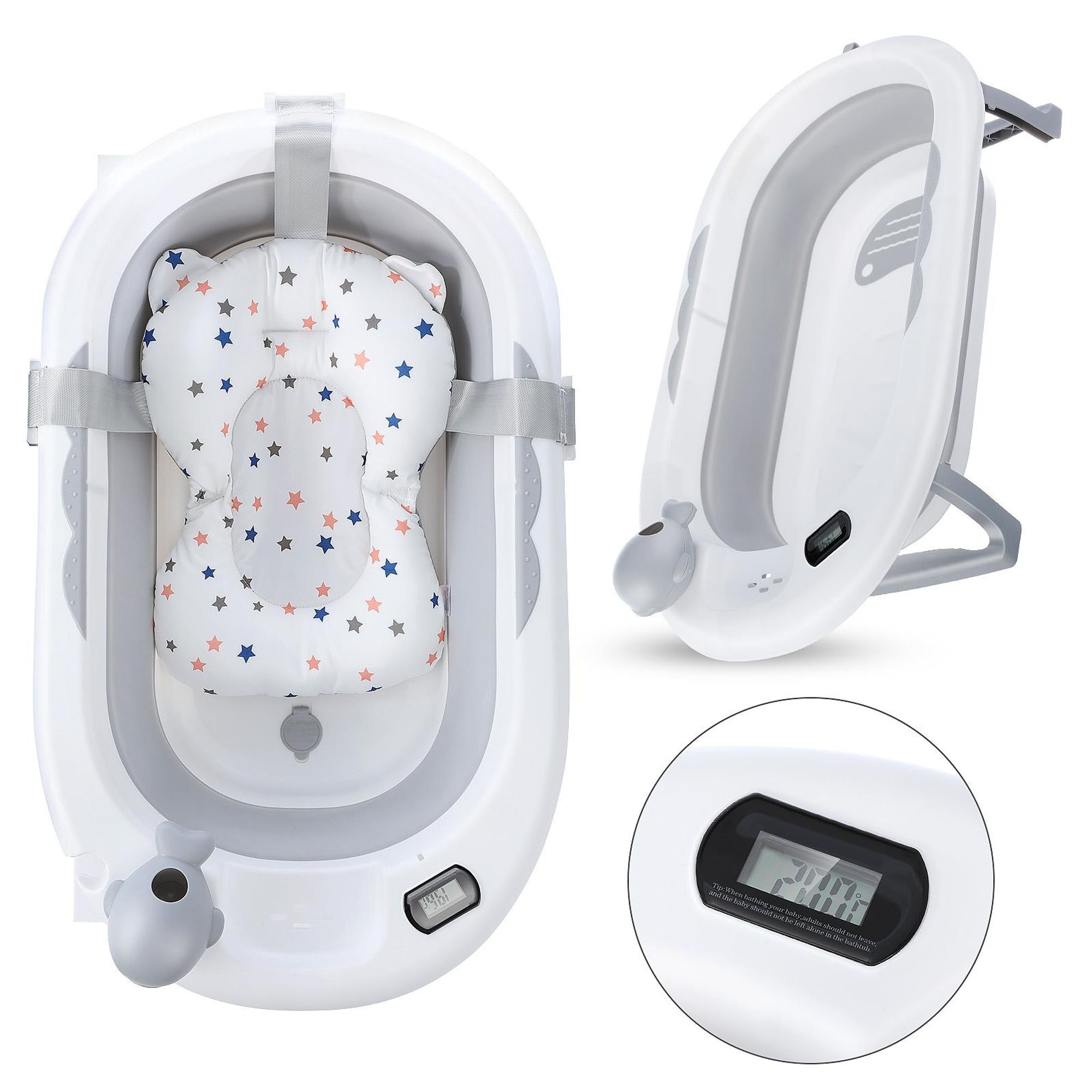 OYAJIA Babybadewanne Faltbar 81 cm Grau mit Thermometer und Badekissen – Babywanne für 0-2 Jahre Neugeborene sicher