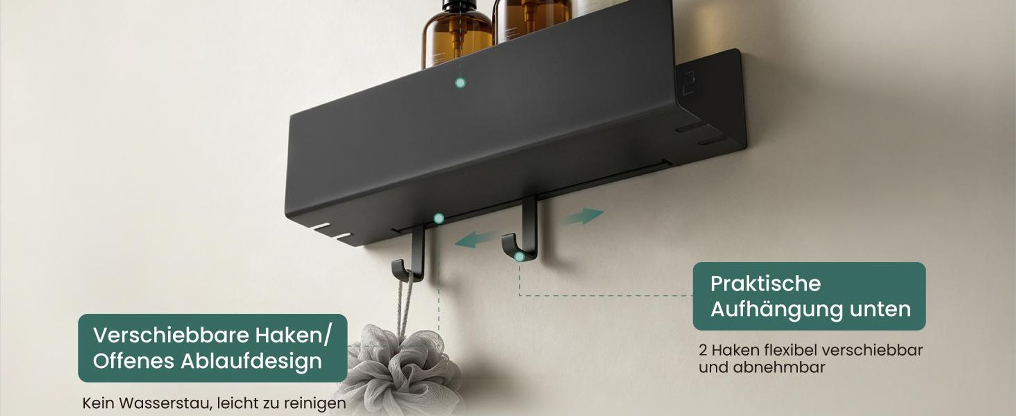 Mai & Mai Duschablage ohne Bohren mit 2 Schiebehaken, Duschablage zum Hängen Schwarz 40cm Reglo-18