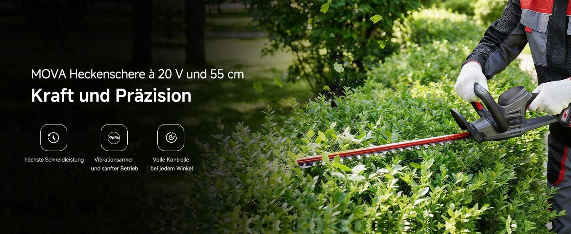MOVA GH221 – Akku-Heckenschere 55 cm (21") Schwertlänge, 20 mm Schnittstärke, doppeltwirkende Klinge, vibrationsarm, ergonomischer Griff