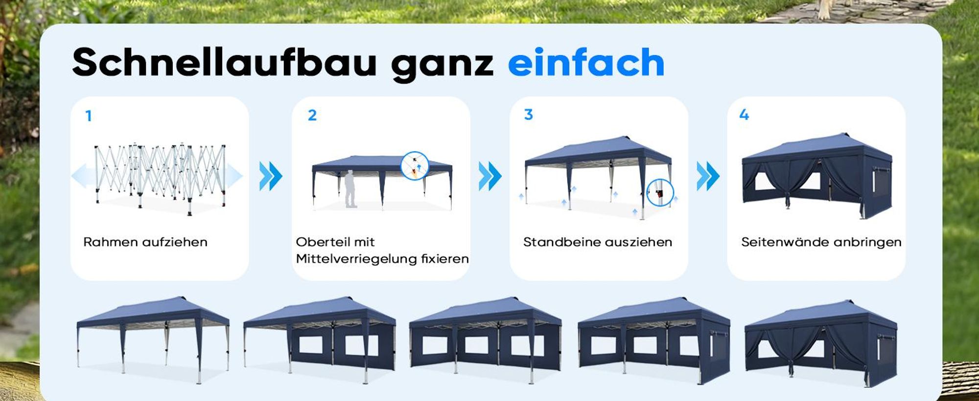 Quictent Pavillon 3x6m Faltpavillon EIN-Tasten-Zentralverriegelung,Wasserdicht UV-beständig, Gartenpavillon faltbar mit 6 Seitenwänden, Blau