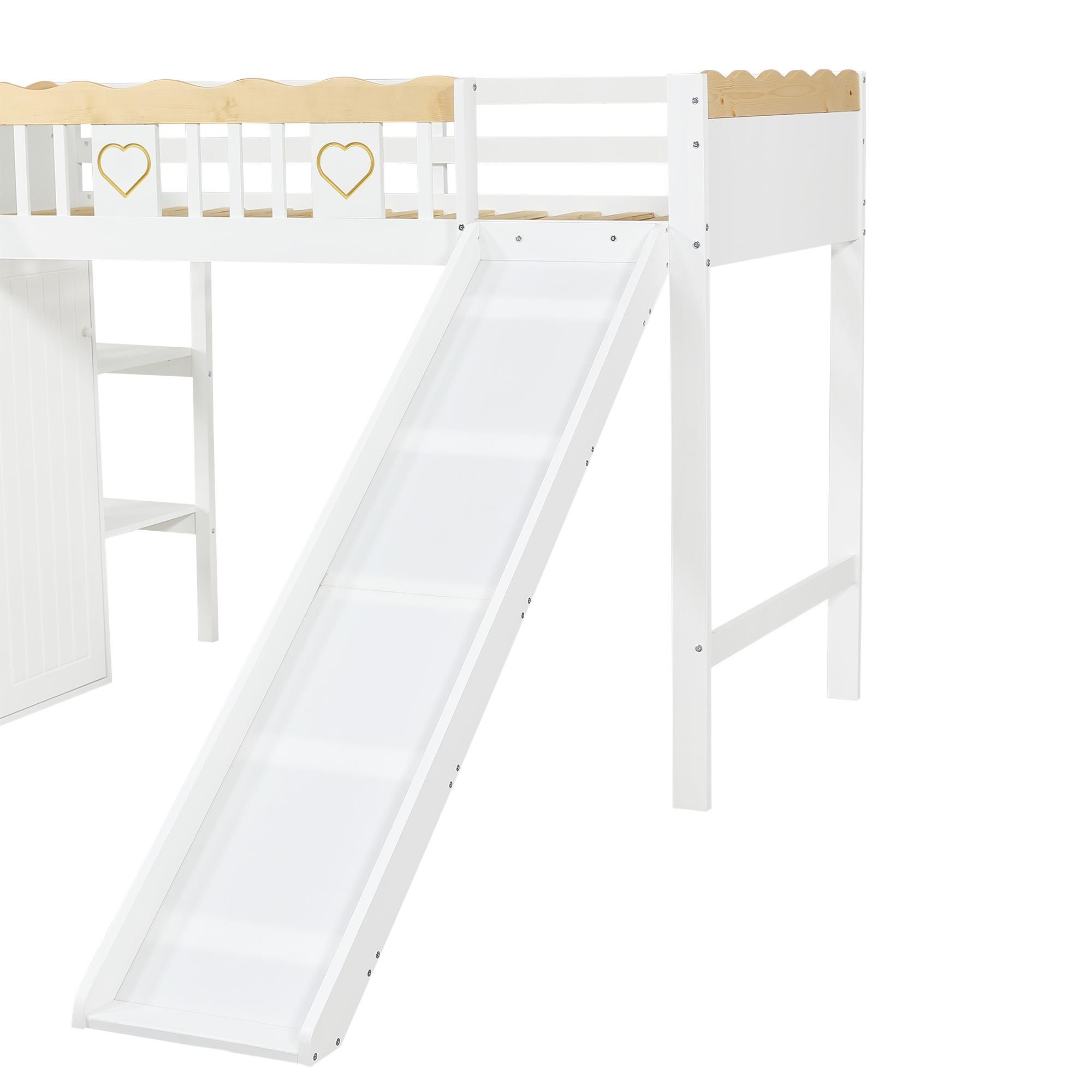 Flieks Etagenbett 90x200cm mit Rutsche und Leiter, Kinderbett Hochbett mit Kleiderschrank und Regal, Stockbett Spielbett mit Lattenrost, Weiß