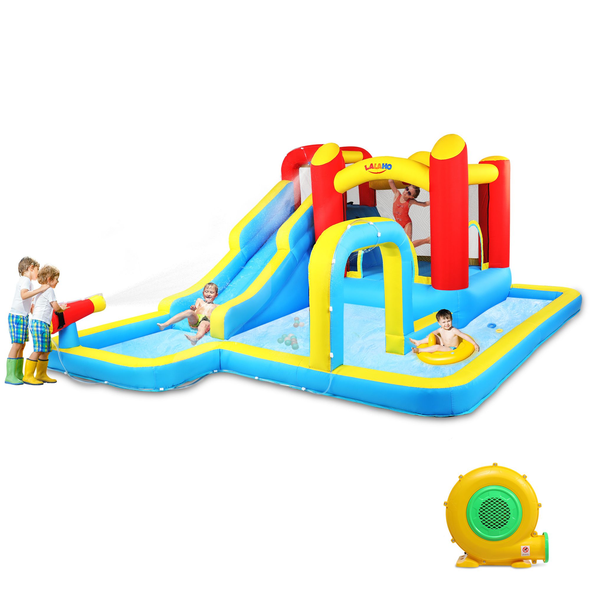 FCH Aufblasbare Hüpfburg mit Gebläse,Wasserrutsche aufblasbar Spielpool Wasserspielcenter Wasserpark,  465 x 365 x 195cm