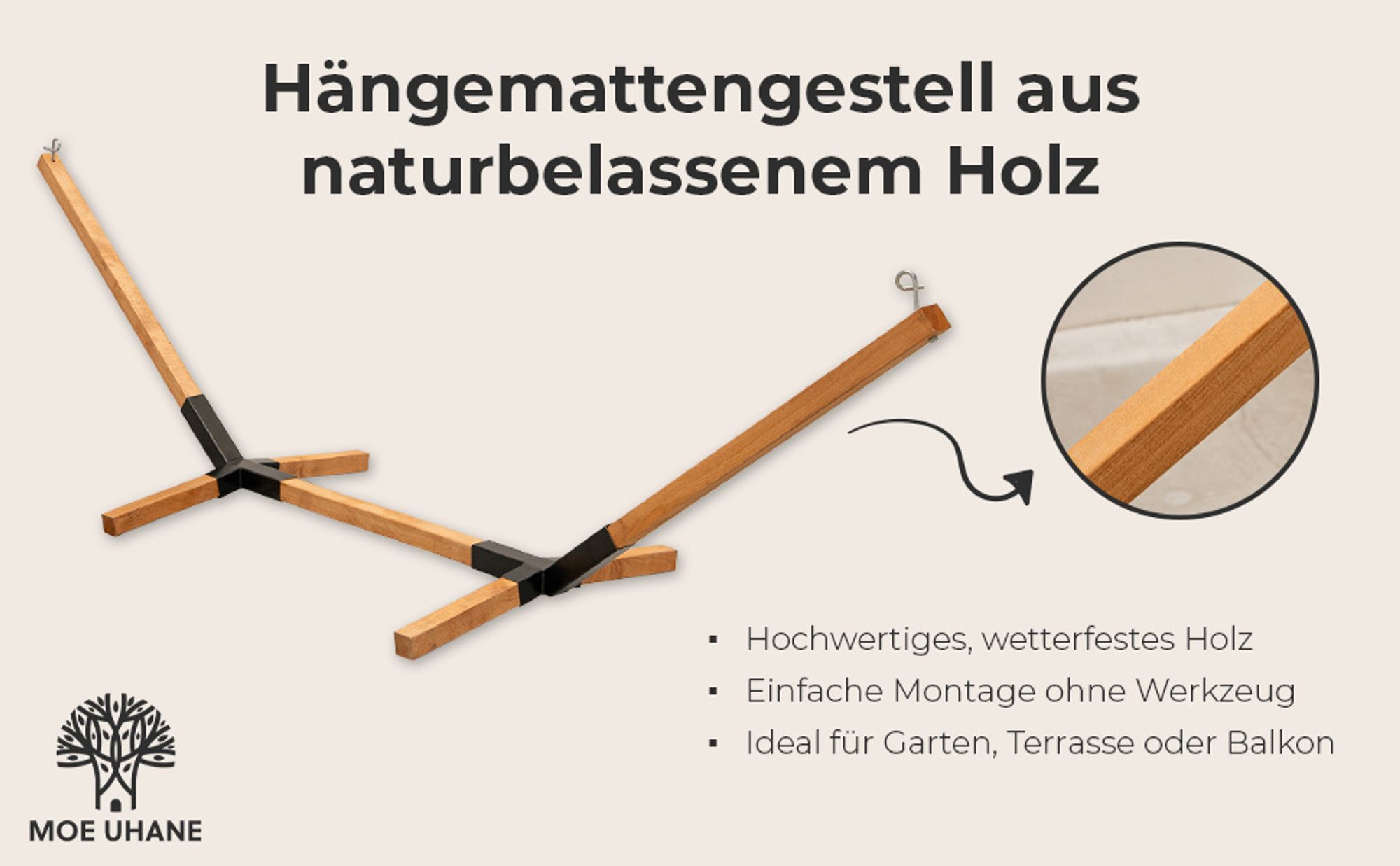 MOE UHANE® Holz Hängemattengestell für Garten und Zuhause, schneller Aufbau ohne Schrauben und Werkzeug, Naturholz und Metallverbindungen, kompakt