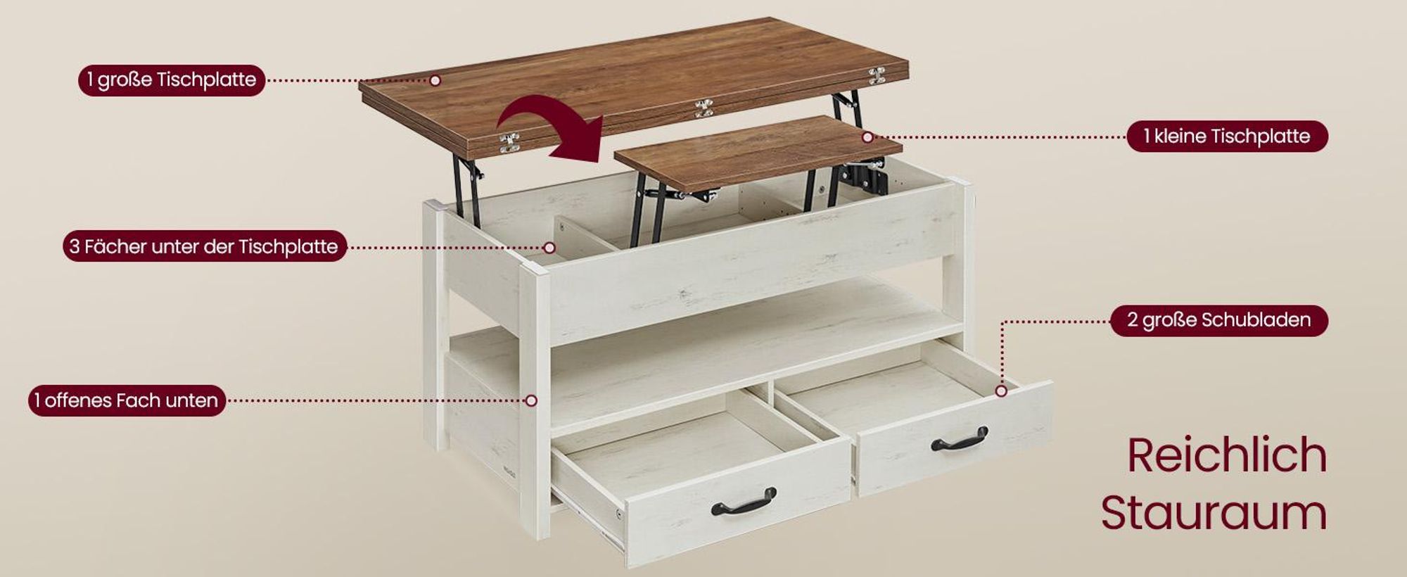 VASAGLE Couchtisch, Wohnzimmertisch, Gaszylinder, höhenverstellbar, viel Stauraum, Kaffeetisch, für Wohnzimmer, braun-weiß