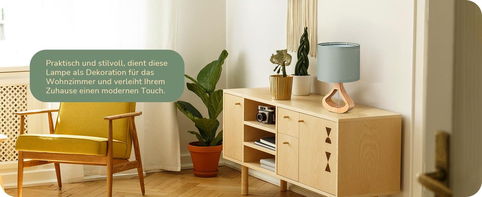 EDISHINE Nachttischlampe Wohnzimmer ,Tischleuchte mit Leinen-Lampenschirm, Holz