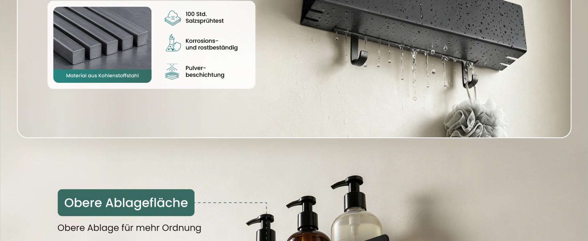 Mai & Mai Duschablage ohne Bohren mit 2 Schiebehaken, Duschablage zum Hängen Schwarz 40cm Reglo-18