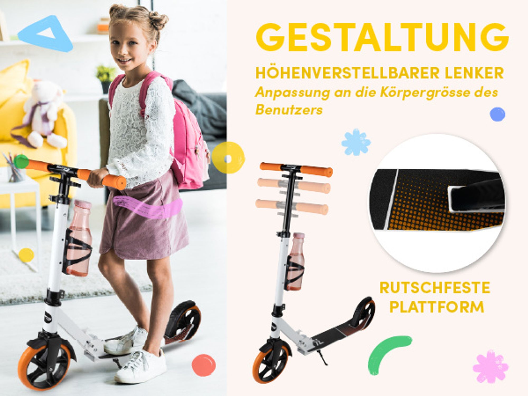 MalPlay | Scooter Cityroller mit Tragegurt | Roller für Kinder | ab 6 Jahren | Flaschenhalter Räder | bis 100kg | klappbar Tretroller | Orange