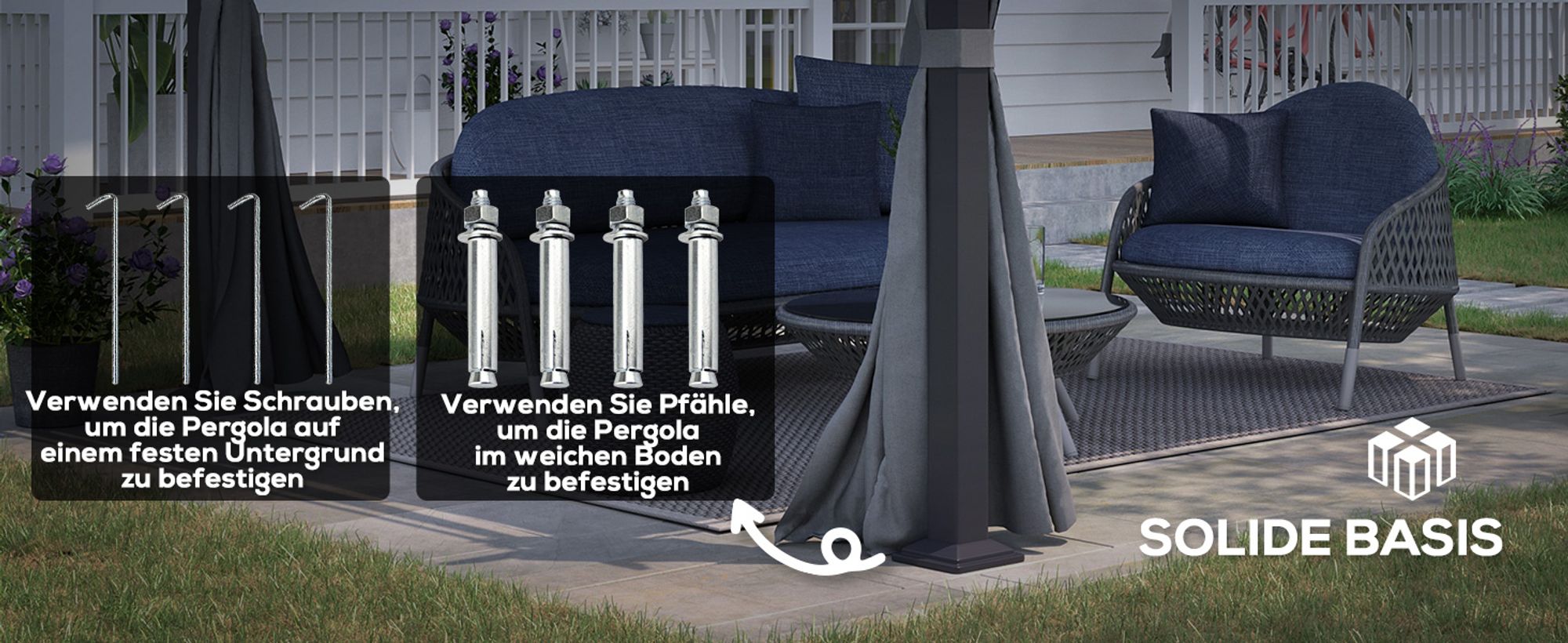 Outsunny Pergola 2,97 x 2,95 m Gartenpavillon mit Sonnendach, Seitenteilen