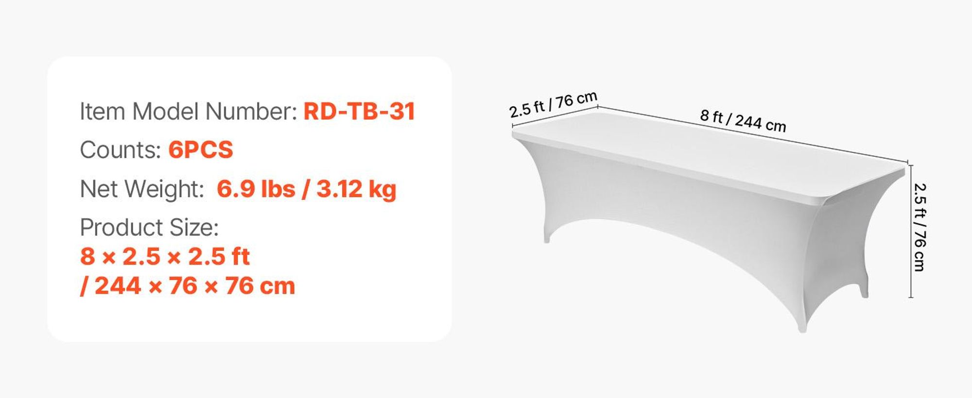 VEVOR 6 x Stretch Elasthan Tischdecke Tischwäsche (rechteckig) geeignet für 244 cm Tische, waschbarer knitterfreier Tischdeckenschutz, Tischtuch für Partys Hochzeiten Bankette Festivals, Weiß