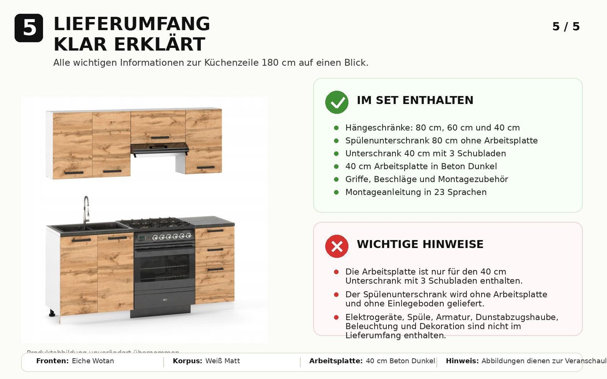 Lieferumfang der 180 cm Küchenzeile in Eiche Wotan mit wichtigen Hinweisen.