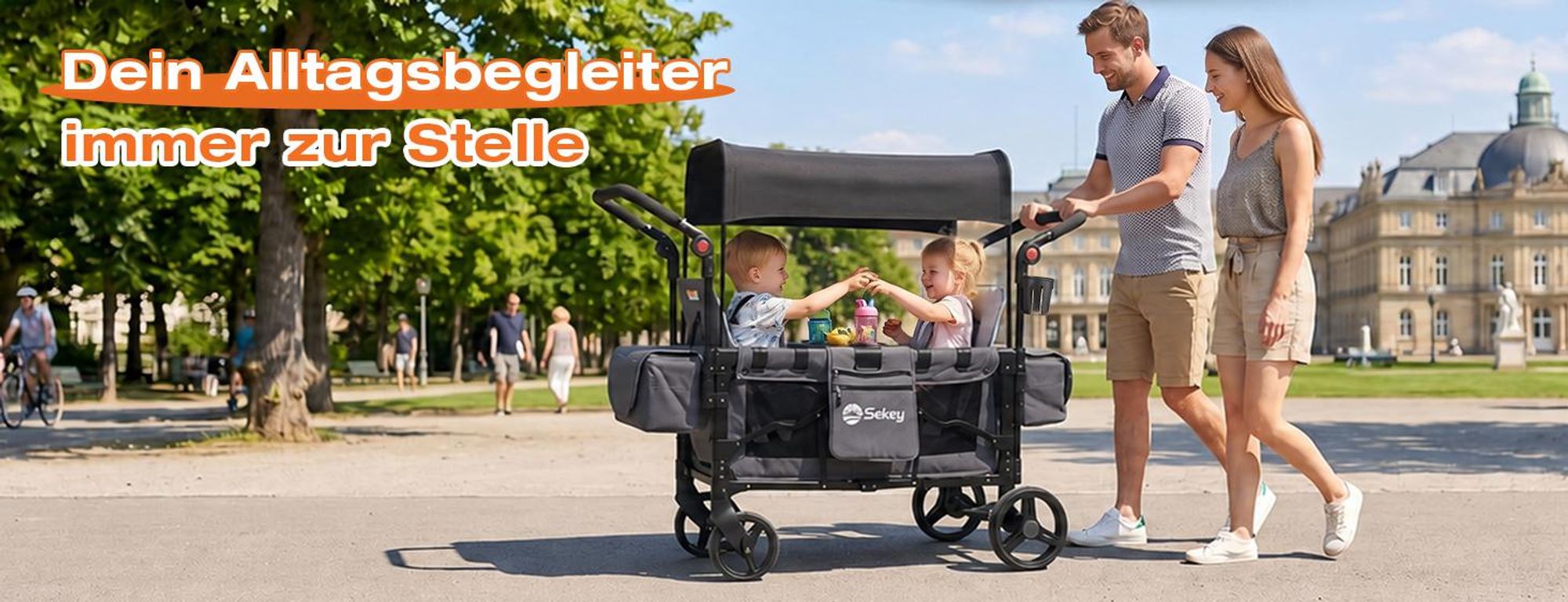 Sekey Bollerwagen Faltbar mit Dach Zwillingsmodus Kinderwagen Doppelsitz mit 2x 5-Punkt-Gurtsystem, Schwarz