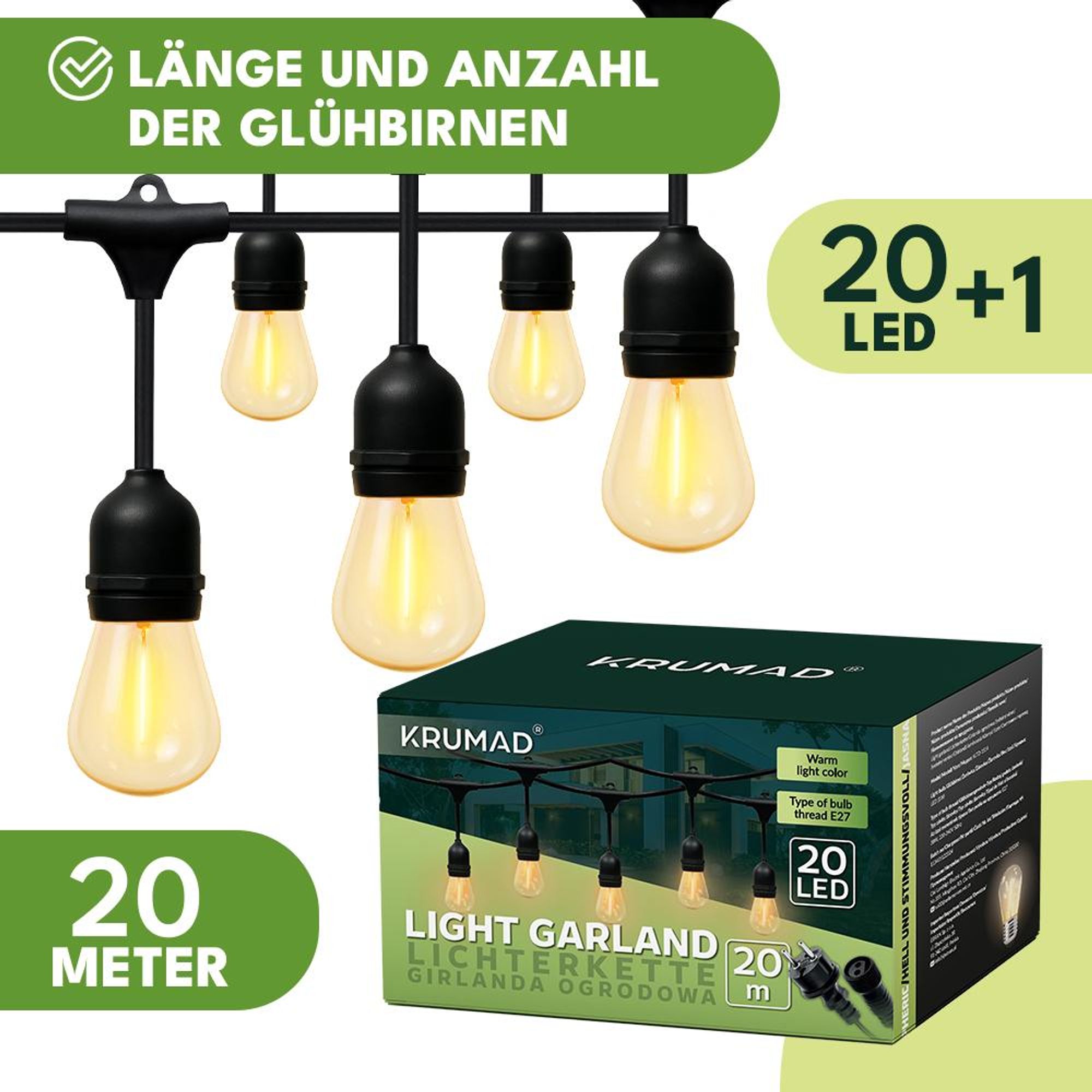 KRUMAD 20m LED Lichterkette 20 Kugel LED-Glühbirnen Warmweiß Modern Garten Innen Außen